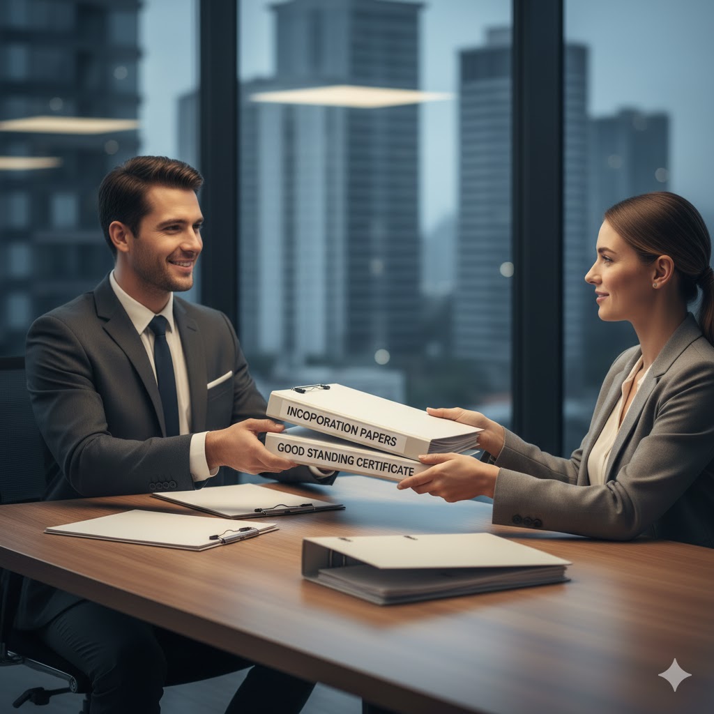 Business consultant transferring incorporation and ownership documents of a shelf company to a client, illustrating how aged corporations are legally acquired and activated.