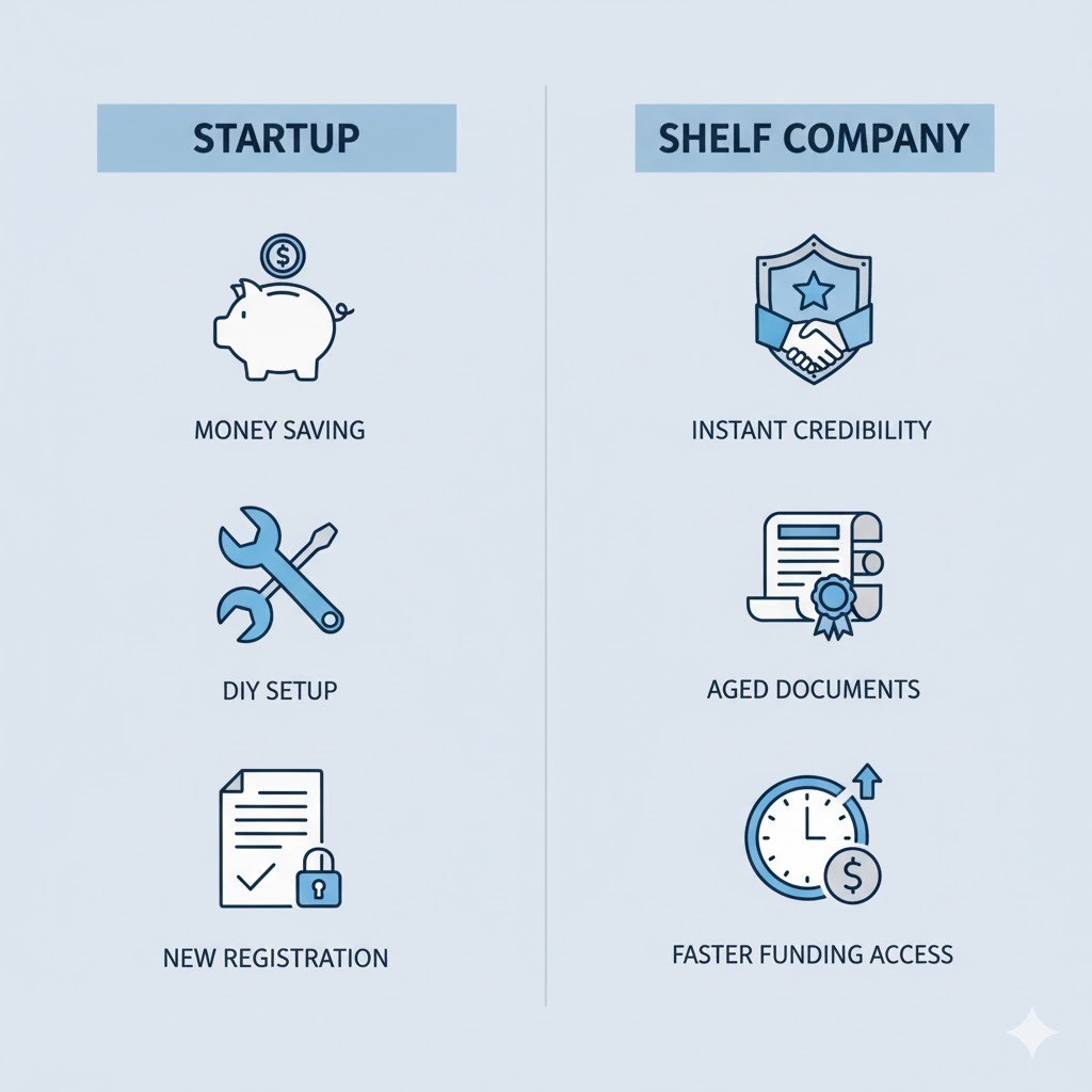 Infographic comparing startup and shelf company costs, highlighting instant credibility, aged business history, and faster funding access versus lower startup expenses.