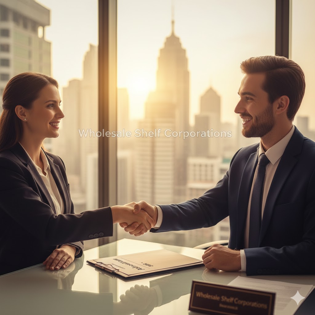 Confident entrepreneur shaking hands with a consultant after purchasing an aged corporation from Wholesale Shelf Corporations, representing trust, credibility, and business success.