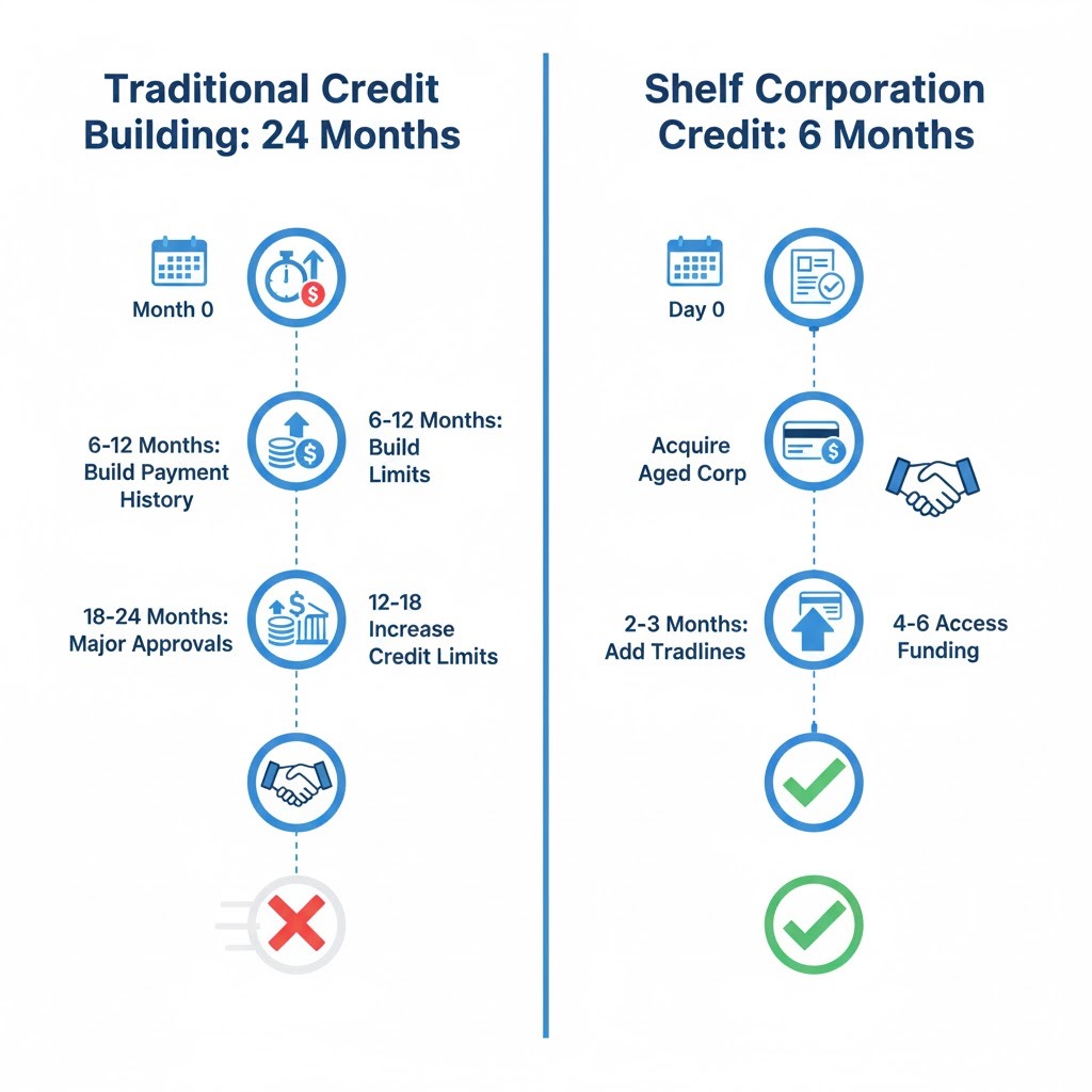 Credit-ready shelf corporation timeline comparison showing faster business credit building