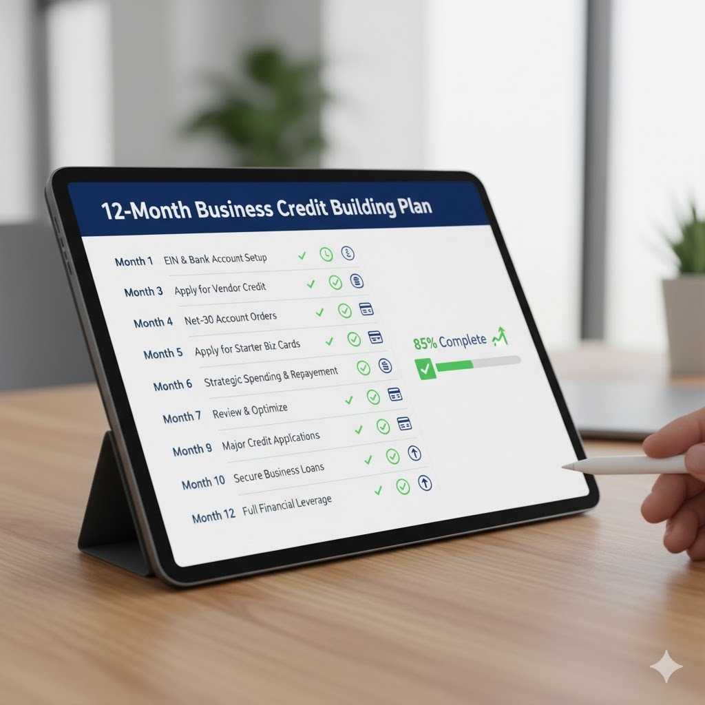 Strategic 12-month shelf corporation credit building plan with milestones