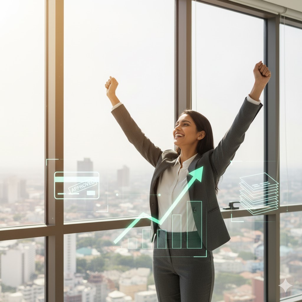 Entrepreneur celebrating business credit success with shelf corporation strategy