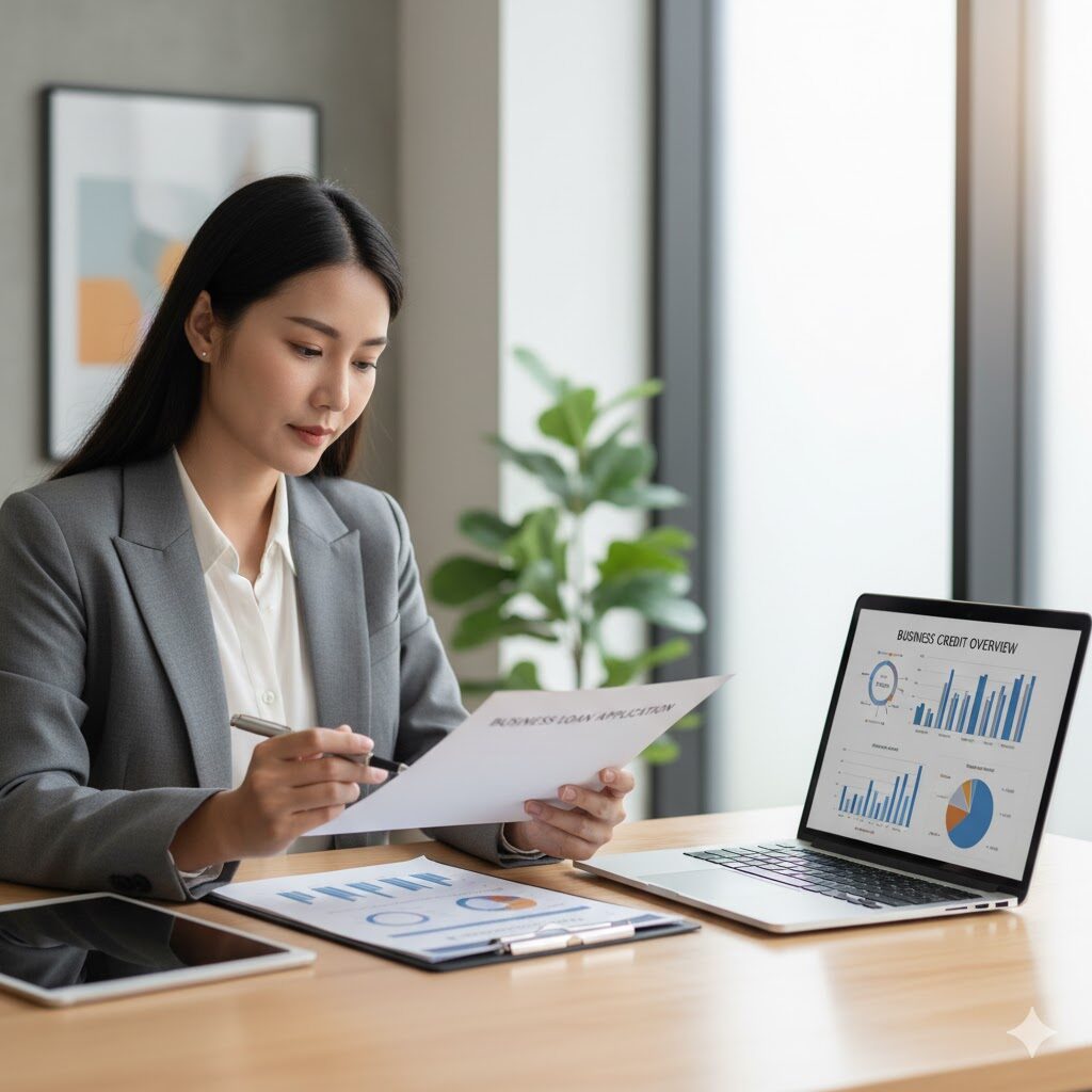 Entrepreneur reviewing business funding documents to qualify for financing with aged corporation