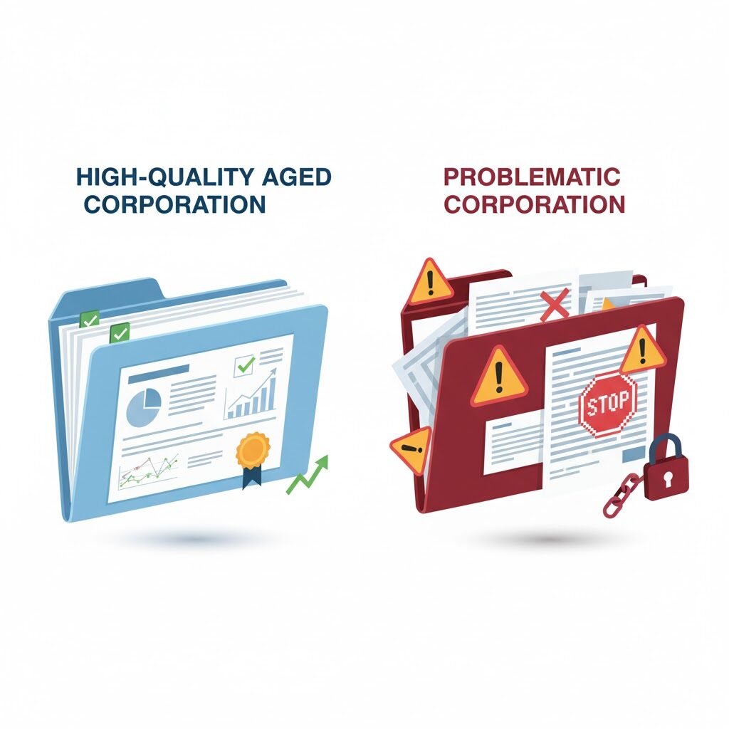 Side-by-side comparison of high-quality and problematic aged corporations, illustrating the importance of evaluating compliance and credit history before purcha