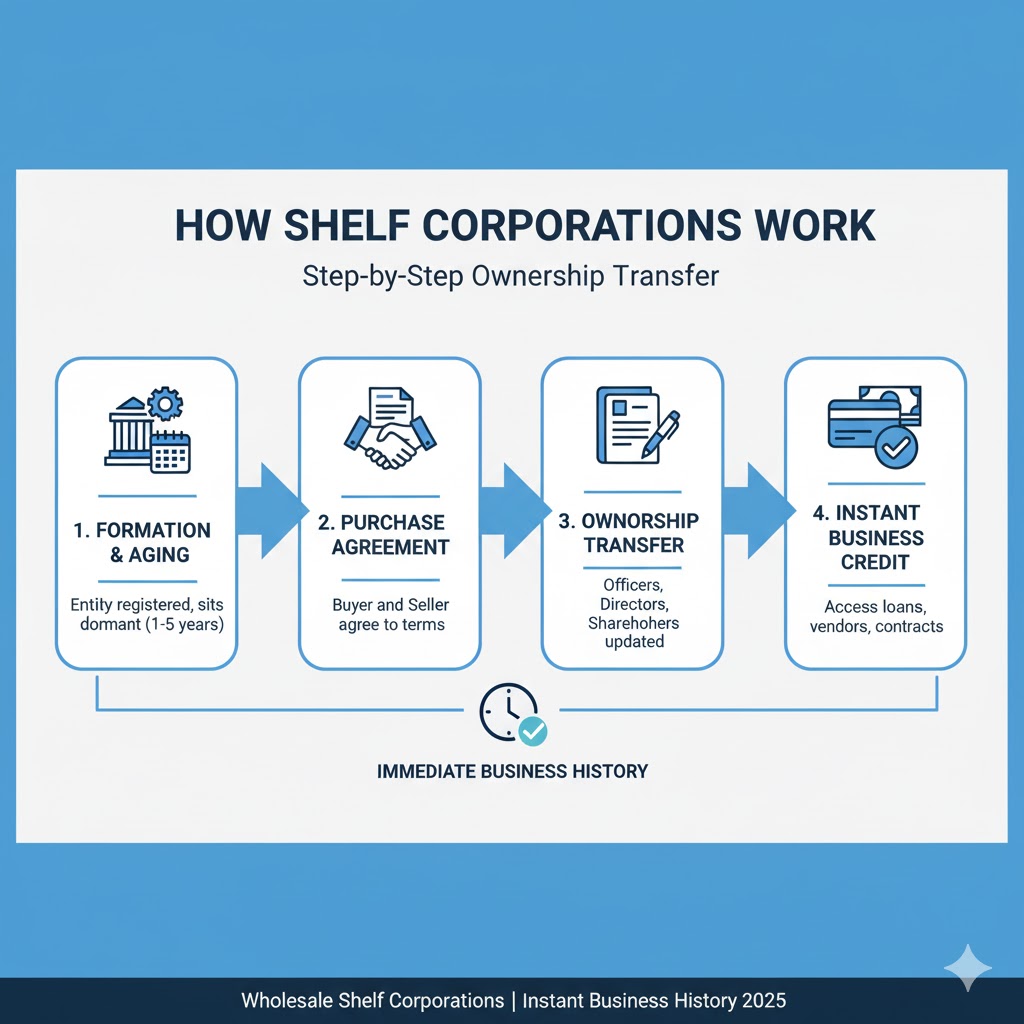 How shelf companies work step-by-step ownership transfer diagram